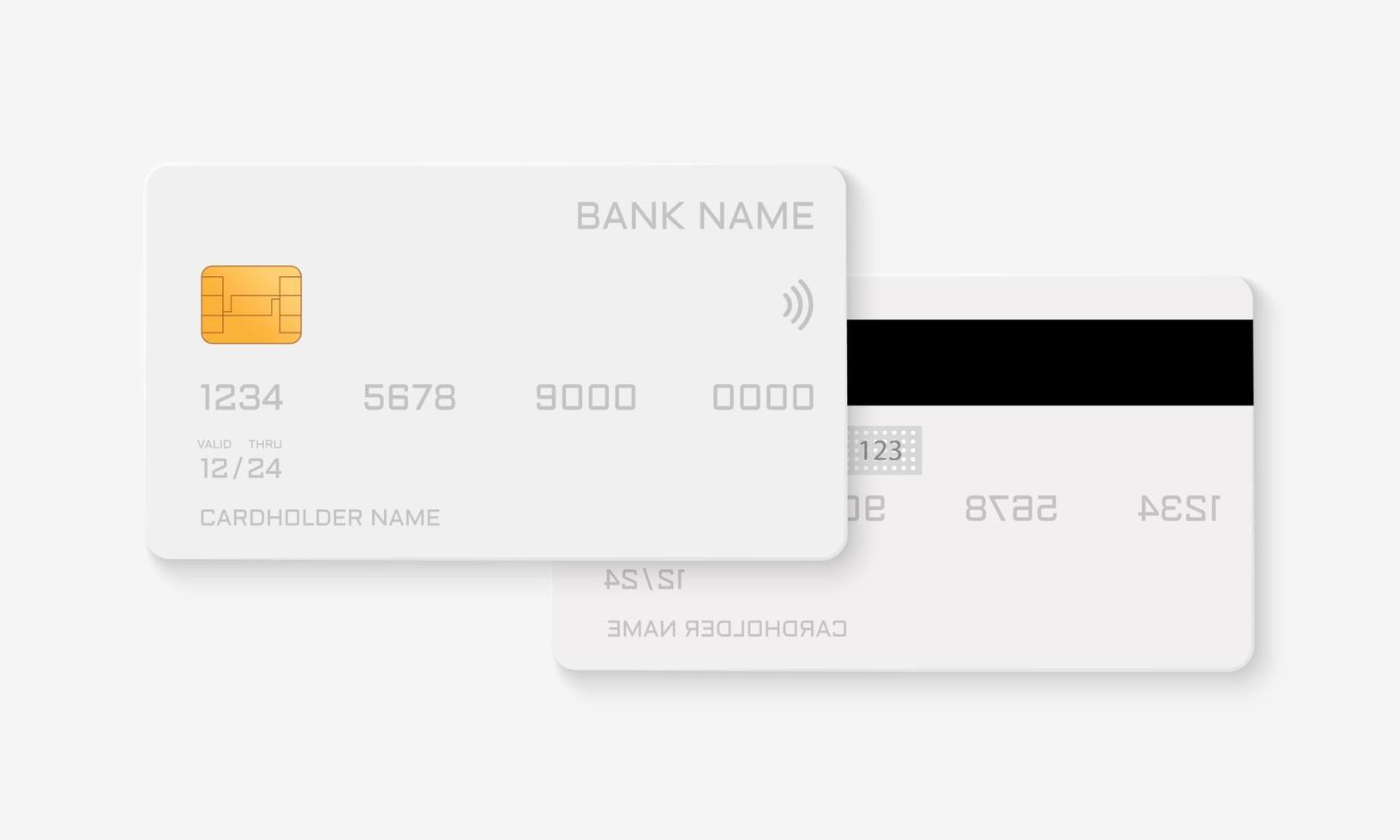 vit plast kreditkort mockup design. mall av fram och bak plast bankkort. mock up av bankkort med gyllene chip. begreppet affärsbetalning pengar. isolerade vektor illustration.