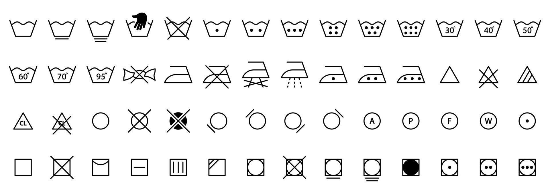 tvätt vård linje ikonuppsättning. hand- eller maskintvätt, använd strykjärn, torr, rengörande bomullsduk linjär tecken. tvätt information symbol samling. isolerade vektor illustration.