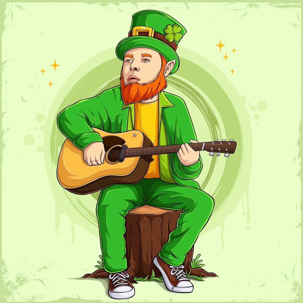 Lucky St Patrick's Day Leprechaun karaktär spelar gitarr och sitter i en stubbe vektor