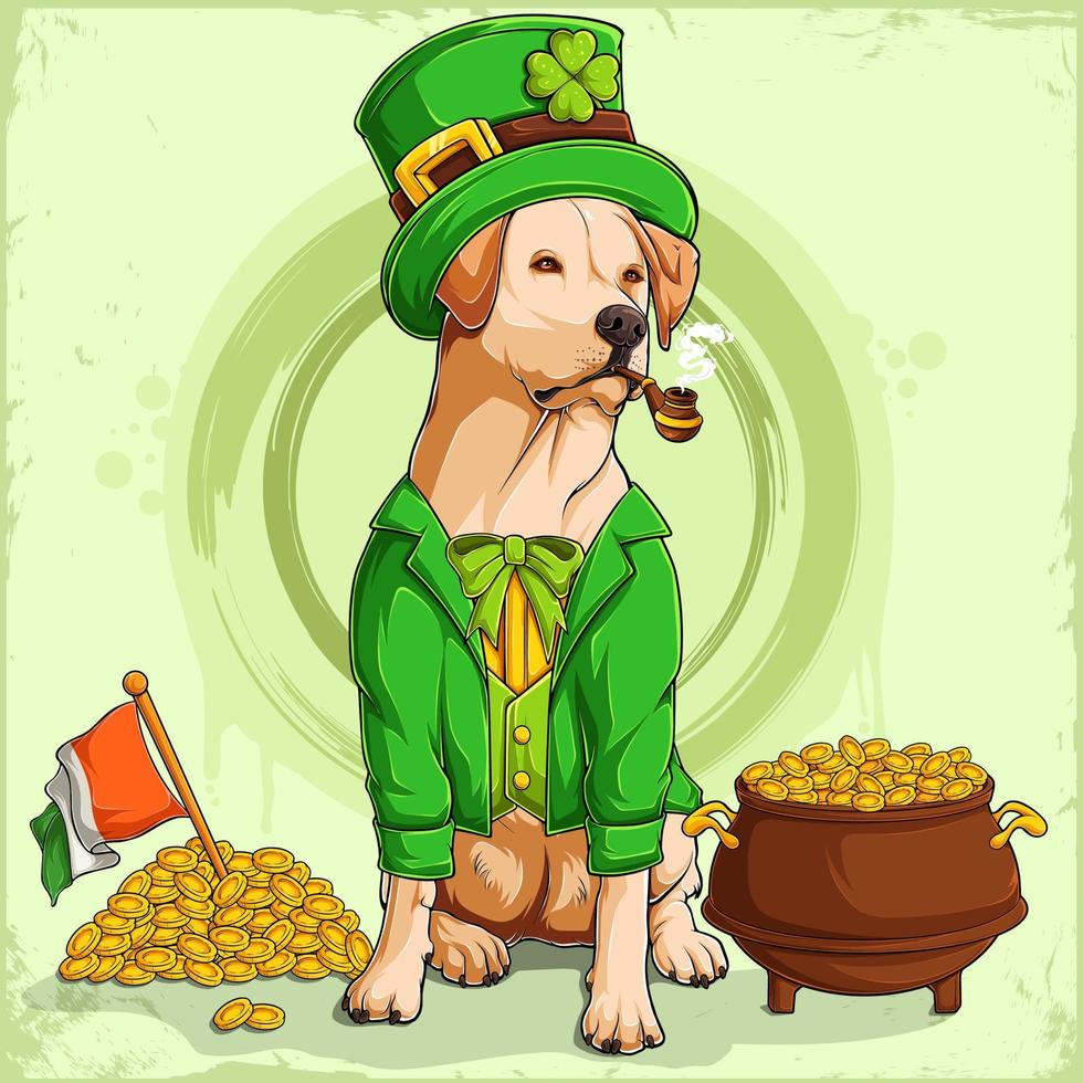 St Patricks labradorhund i trollhatt och kostym med en kruka med guldmynt och den irländska flaggan vektor