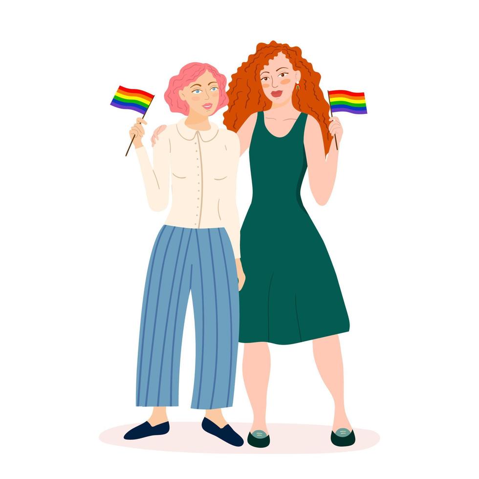 två lesbiska flickor håller flaggorna för dagen för gay pride-paraden. Hbt-kvinnor kramar och håller regnbågsflaggor i händerna. vektor