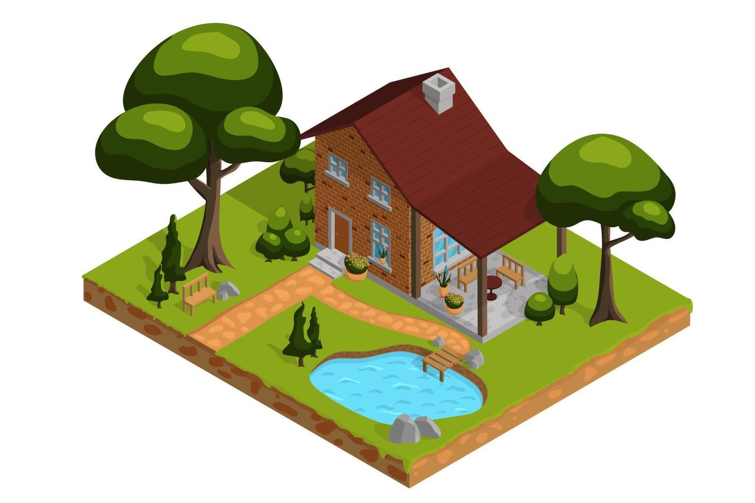 isometriskt privat hus med terrass, trädgårdsmöbler, sjö, lantlig byggnad, stuga. arkitektur fastigheter, egendom och hem, vektorillustration för fastighetsbroschyrer eller webbikon. vektor