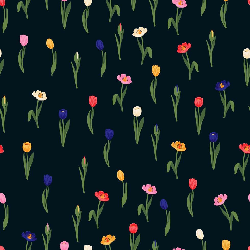 nahtloses Blumenmuster rot, gelb, lila, rosa Tulpen und grüne Blätter. Frühlingsblumen Hintergrund für Verpackung, Textilien, Tapeten, Sammelalbum, Ostern, glückliche Mütter, Frauentag. flaches Cartoon-Design vektor