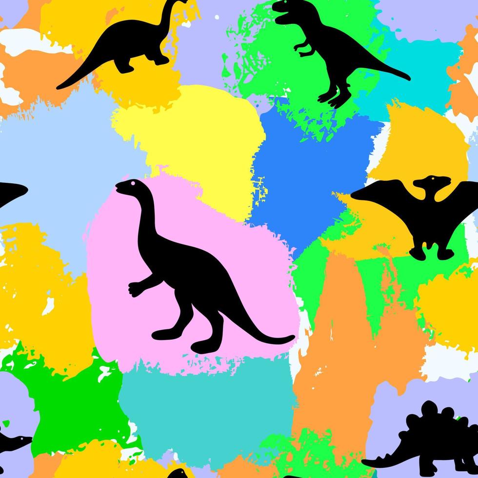 Nahtloses Muster mit Dinosaurier-Silhouette auf bunten Aquarellflecken. Vektor-Hintergrund. endlose Kulisse. Verpackung, digitales Papier, Stofftextilien für Kinder. prähistorisches Tier vektor