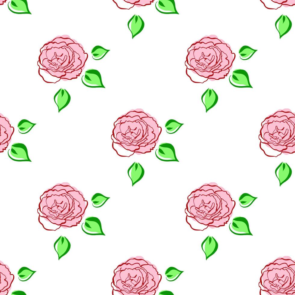 nahtloses muster mit rosa grünblättrigen rosen. Hand zeichnen Blume. Linienbürstenstil. Vektor-Hintergrund. für Verpackungen, Stofftextilien, Verpackungsdesign, Tapeten, Kleiderdruck, digitales Papier vektor