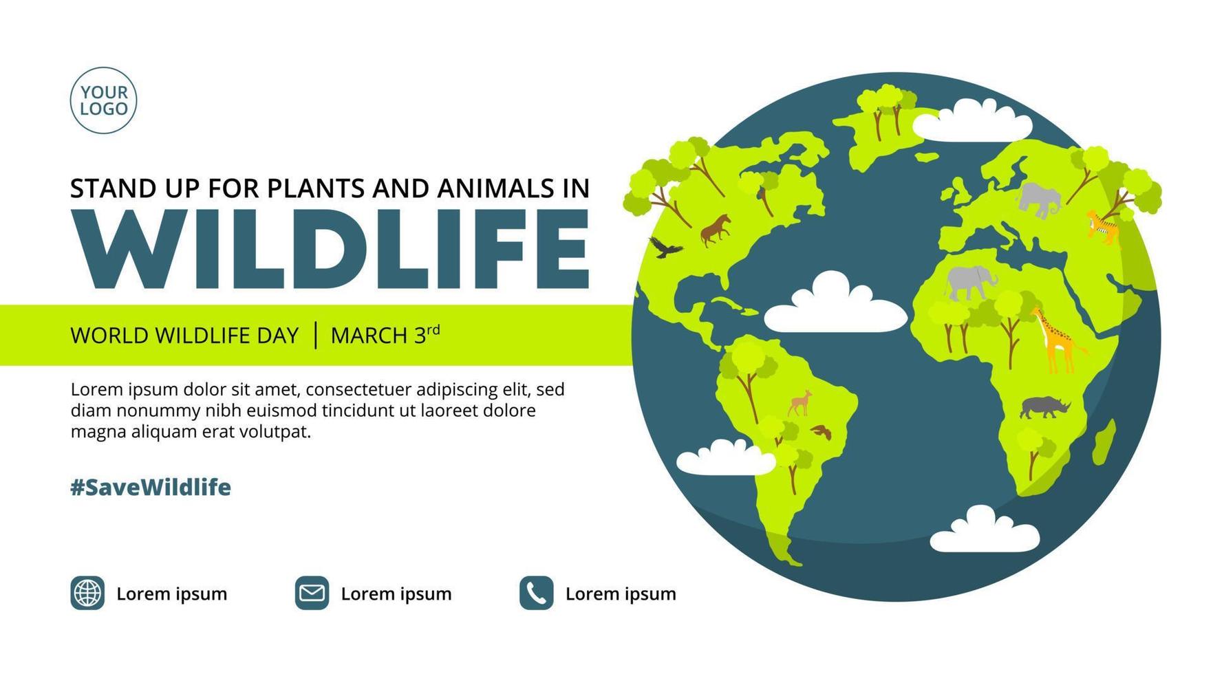 World Wildlife Day bannerdesign med växter och djur på jorden vektor