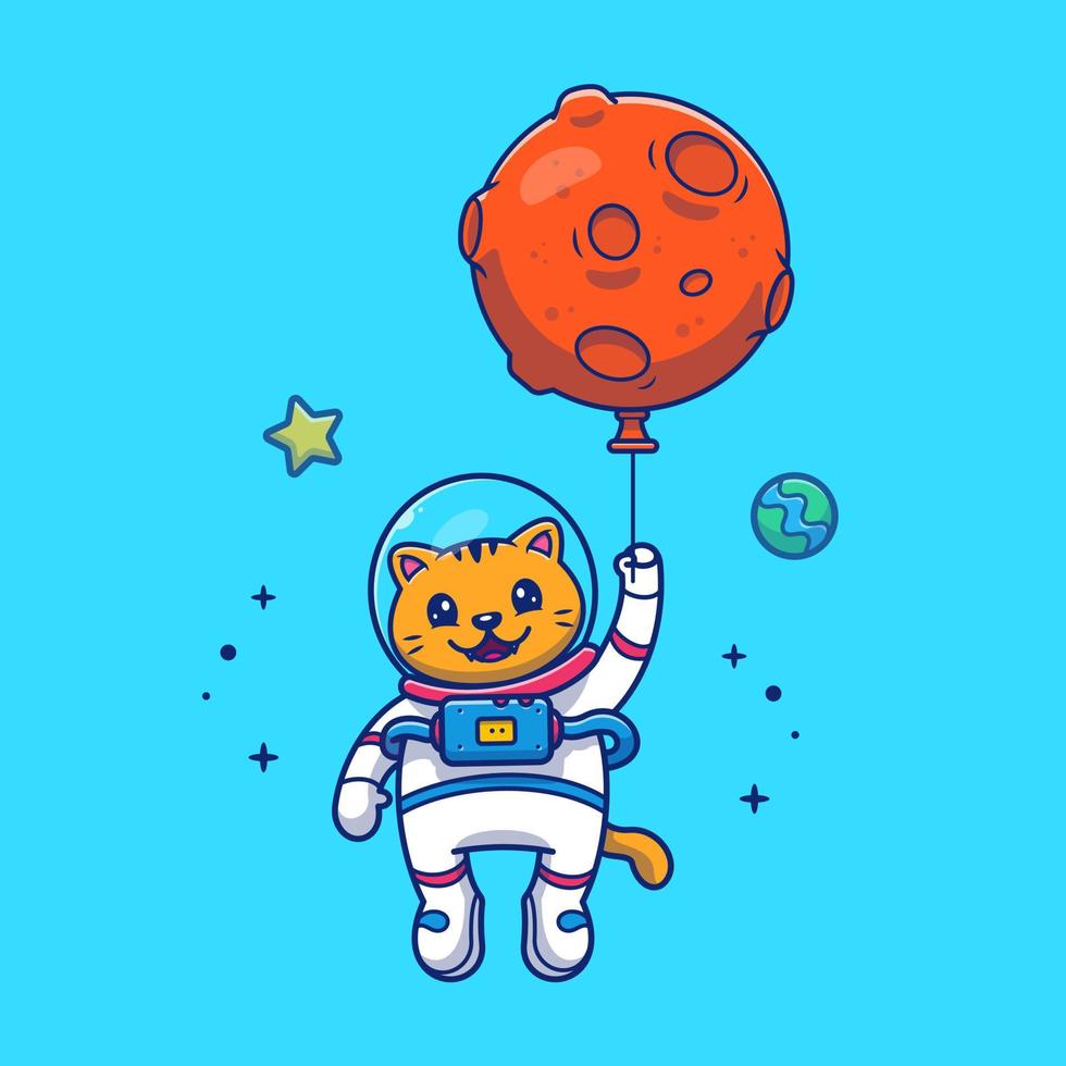söt katt astronaut håller månen ballong i rymden tecknad vektor ikonillustration. djur teknik ikon koncept isolerade premium vektor. platt tecknad stil