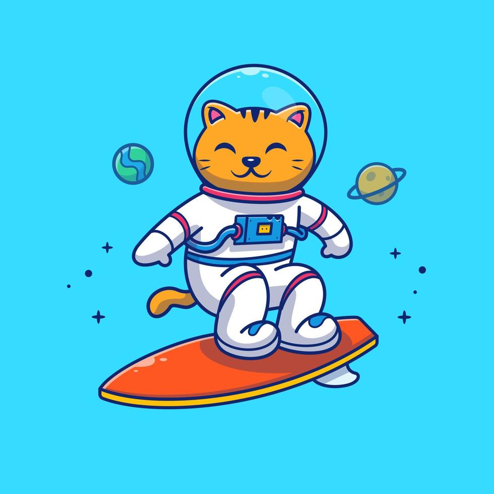 niedlicher katzenastronaut, der in der weltraumkarikaturvektor-symbolillustration surft. tiertechnologie-symbol-konzept isolierter premium-vektor. flacher Cartoon-Stil vektor