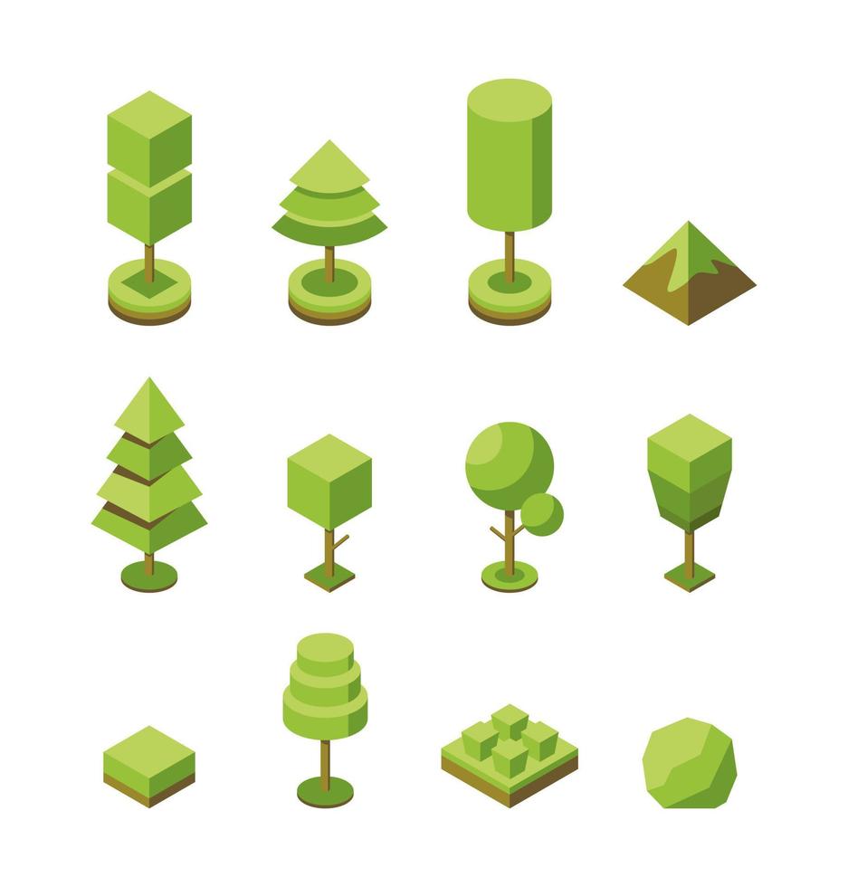 vektor uppsättning träd isometriska ikoner. samling av naturliga botaniska föremål. 3D-illustration av växter. konceptet att avbilda träd i form av enkel geometrisk form. växter för parken, trädgården