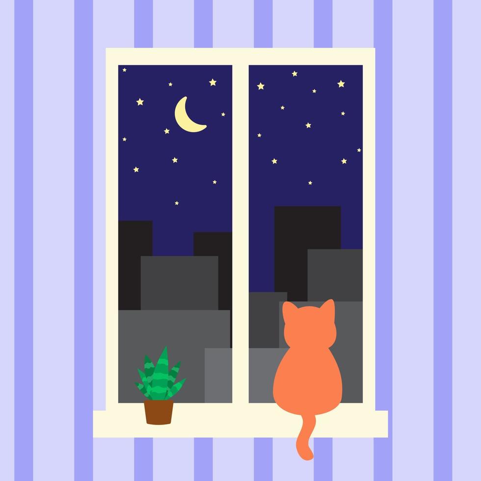 orange katt sitter på fönstret och tittar på natten staden. mysigt hem illustration. husdjur som väntar på sin ägare. söt illustration i tecknad platt stil. tryck för kort, böcker, klistermärke vektor