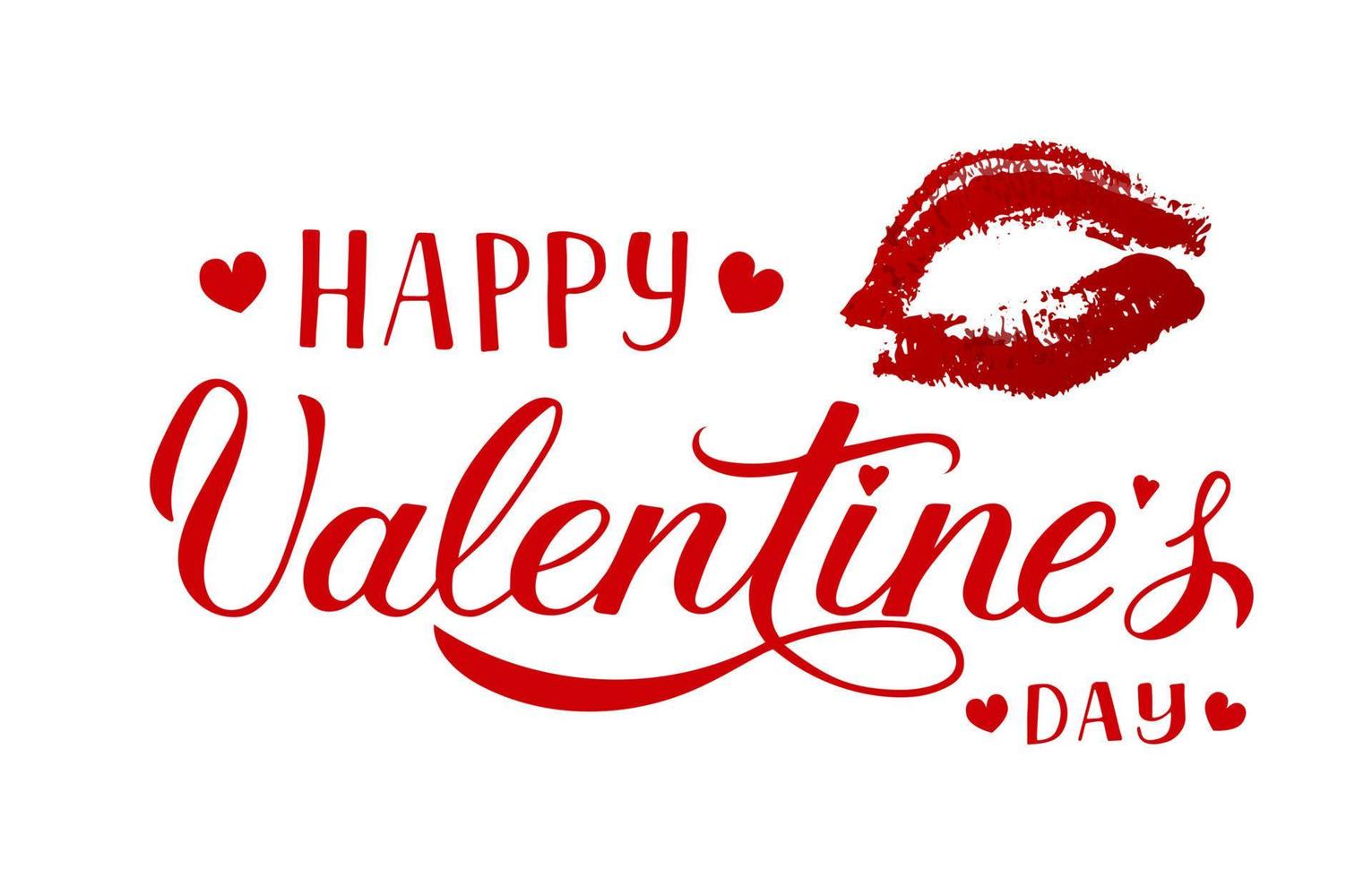 Happy Valentines Day Kalligrafie Schriftzug mit rotem Lippenstift Kuss isoliert auf weiß. Abdruck der Lippen. vektorvorlage für valentinstaggrußkarte, partyeinladung, flyer, banner usw. vektor