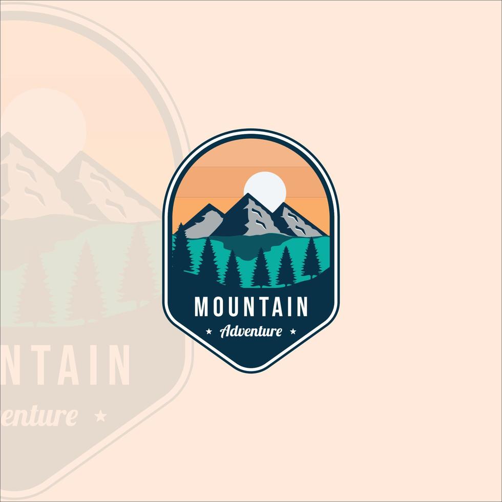 Outdoor-Bergemblem Logo Vektor Illustration Vorlage Symbol Grafikdesign. Abenteuerzeichen oder Symbol mit Kiefern und See oder Fluss mit Sonne