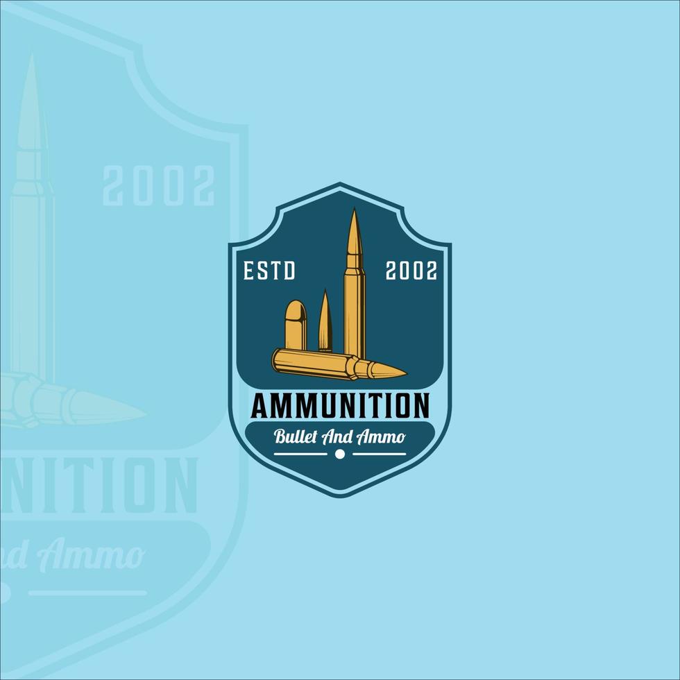 ammunition eller kula emblem logotyp vintage vektor illustration mall ikon grafisk design. ammunition för vapen tecken eller symbol för militär utrustning koncept med retro märke och typografi