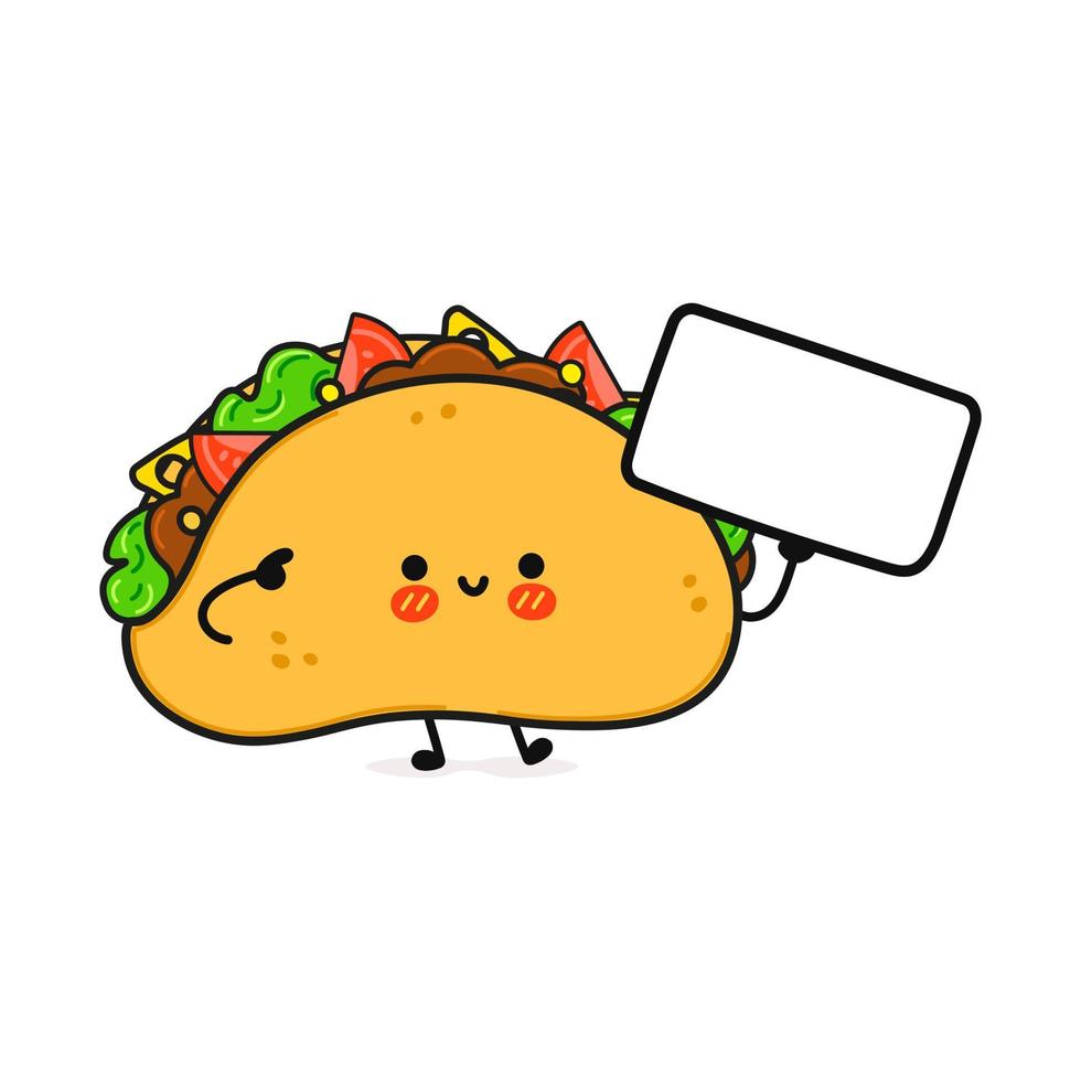 süßer lustiger taco mit plakat. vektor hand gezeichnete karikatur kawaii charakter illustration symbol. isoliert auf blauem Hintergrund. Taco denken Konzept