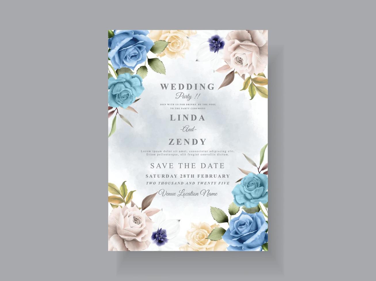 elegant vit och blå ros bröllopskort vektor
