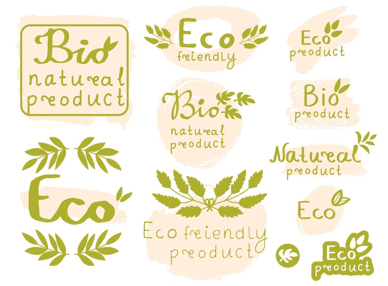 uppsättning gröna och beige element för design med text naturlig, bio, ekoprodukt, grunge penseldrag, grenar och löv. vektor