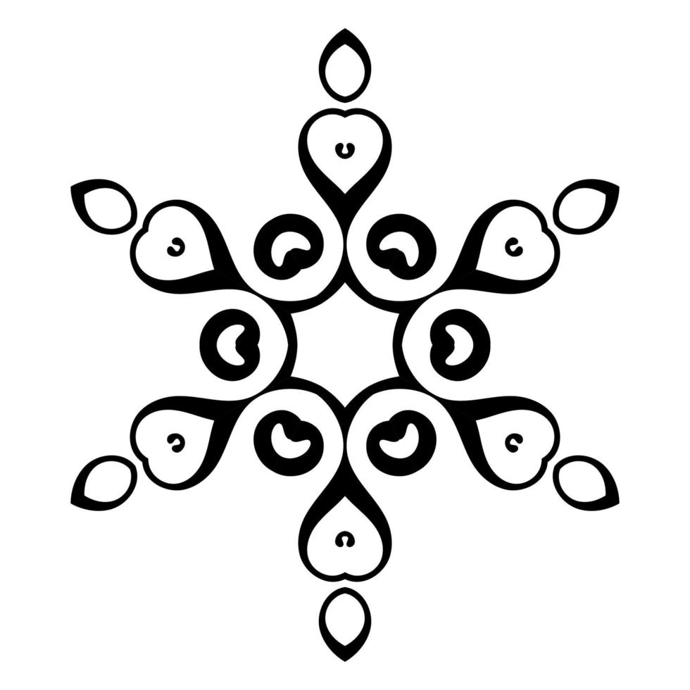 schwarze dekorative runde gekritzelschneeflocke, blume lokalisiert auf weißem hintergrund. Umriss-Mandala. geometrisches Kreiselement. vektor