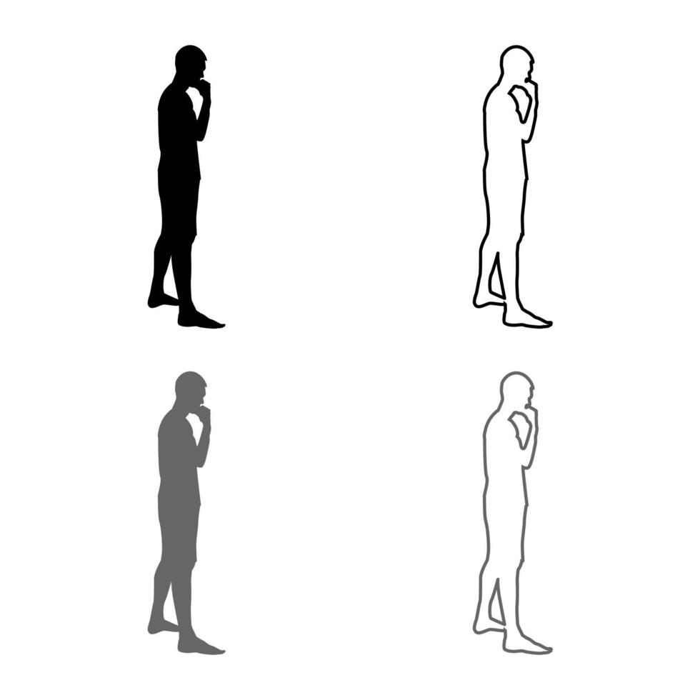 tänkande man stående siluett fundersam person sidovy ikonuppsättning grå svart färg illustration kontur platt stil enkel bild vektor