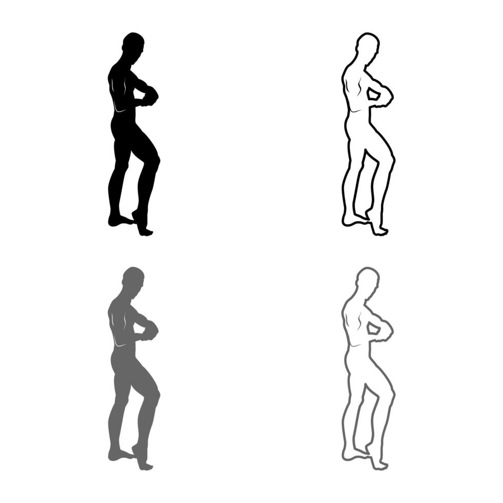 poserande kroppsbyggare siluett bodybuilding koncept ikonuppsättning grå svart färg illustration kontur platt stil enkel bild vektor