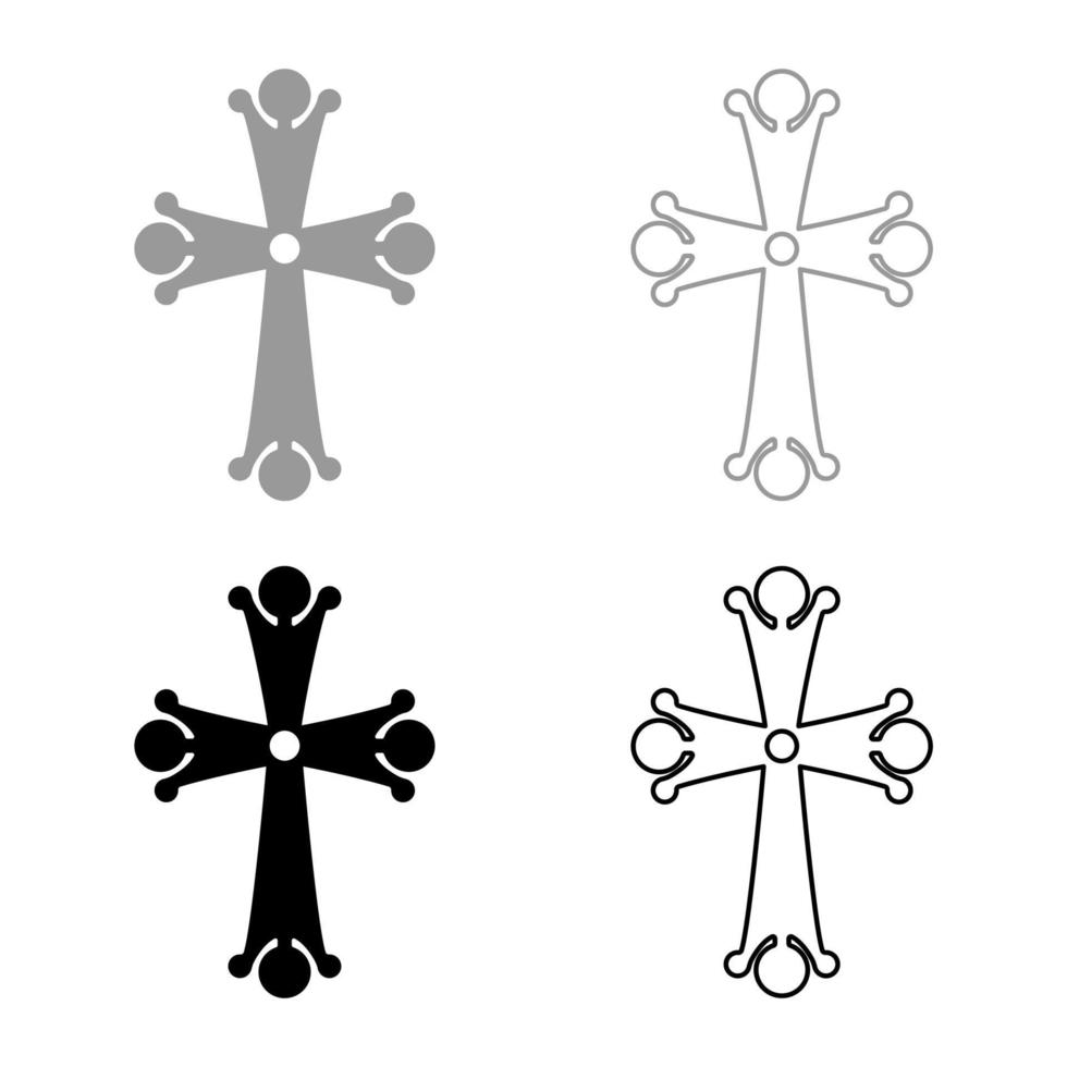 Vierzackiges Kreuz Tropfenförmiges Kreuz Monogramm religiöses Kreuz Symbolsatz schwarz graue Farbe Vektor Illustration flaches Bild
