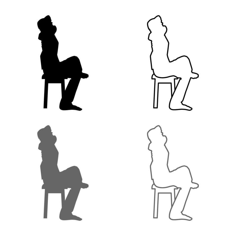 Mann sitzt Pose mit den Händen hinter dem Kopf junger Mann sitzt auf einem Stuhl mit seinem Bein geworfen Silhouette Icon Set grau schwarz Farbe Illustration Umriss Flat Style simple Image vektor