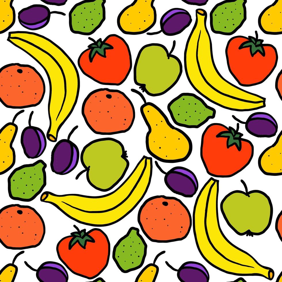 Nahtloses Muster mit handgezeichneten Früchten. Banane, Pflaume, Orange, Birne, Limette, Kaki auf weißem Hintergrund. Cartoon-Obst. vektor