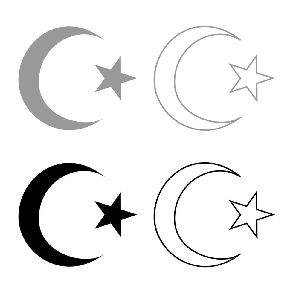 Symbol des islamischen Halbmonds und Sterns mit fünf Ecken Symbolsatz graue schwarze Farbe vektor