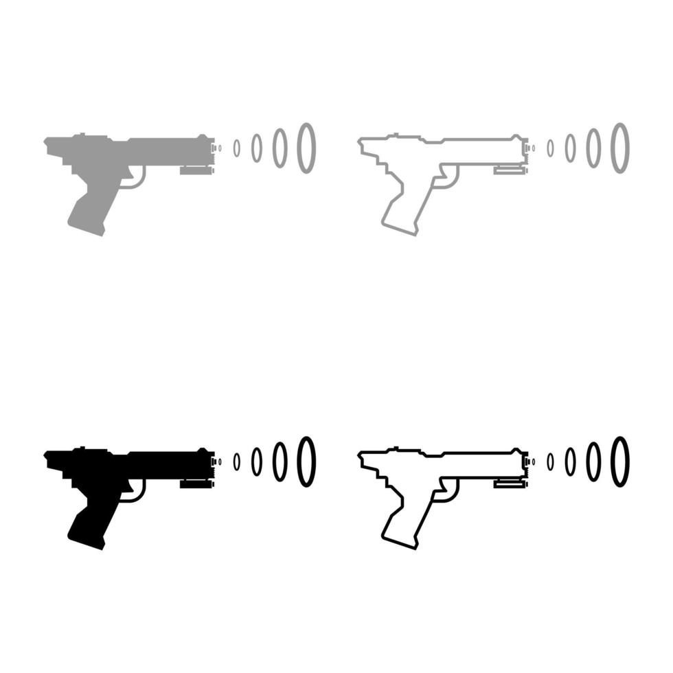 space blaster barnleksak futuristisk pistol rymdpistol skjuta blaster våg ikonuppsättning svart grå färg vektorillustration platt stil bild vektor