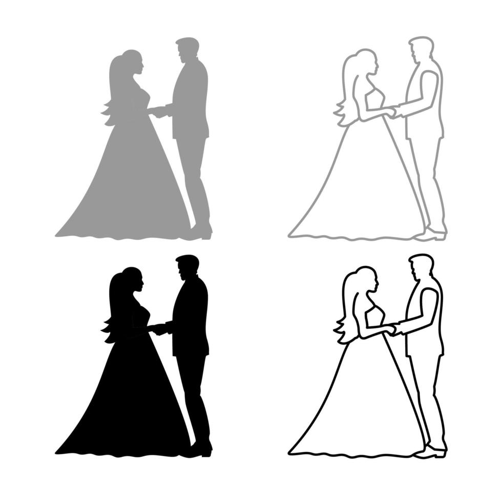 bruden och brudgummen håller händerna ikonen disposition uppsättning grå svart färg vektor