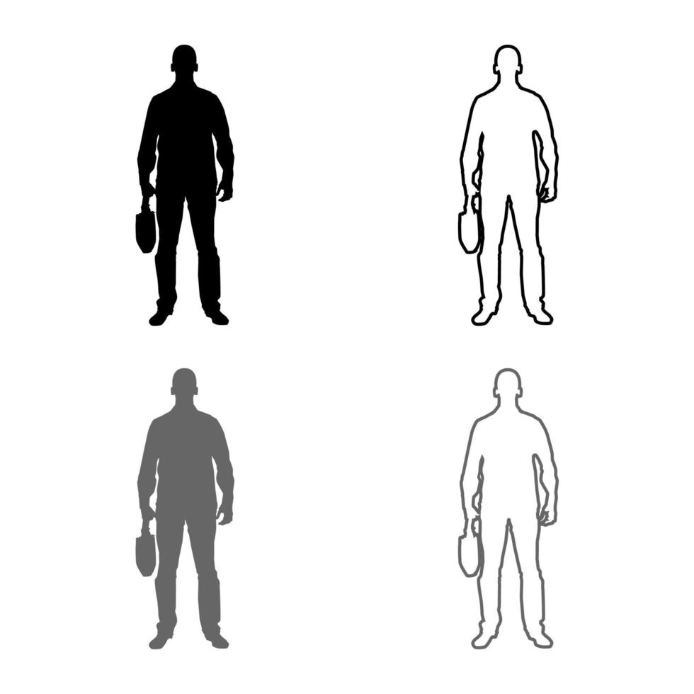 affärsman med portfölj man med en affärsväska i handen silhuess framifrån ikonuppsättning grå svart färg illustration kontur platt stil enkel bild vektor