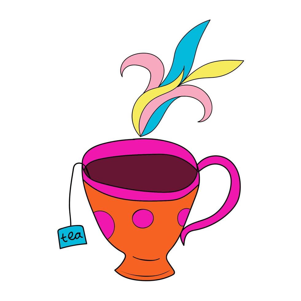 Cartoon-Doodle lineare Teetasse mit Rauch isoliert auf weißem Hintergrund. vektor