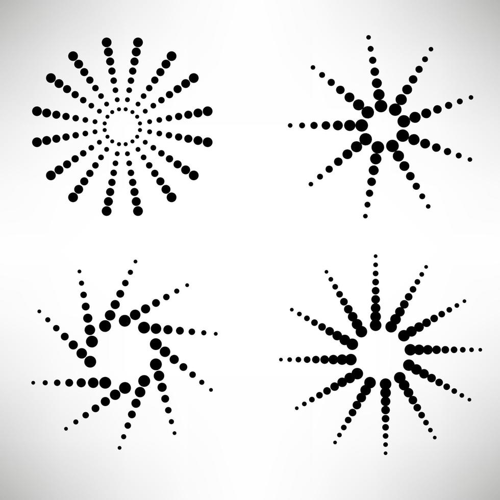 satz gepunktete runde elemente, sonnenstrahlen lokalisiert auf weißem hintergrund. Schwarzes Halbton-Mandala. geometrische Formen. vektor