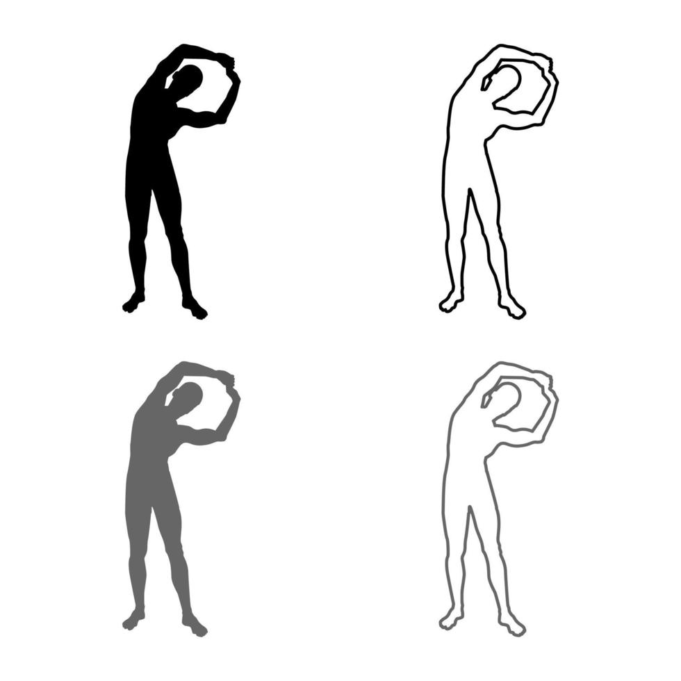 man gör övningar lutar åt sidan sport action manlig träning siluett yoga framifrån ikonuppsättning grå svart färg illustration kontur platt stil enkel bild vektor