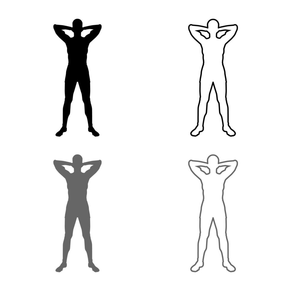 koncept slappna av idrottsman gör övning man håller händerna bakom huvudet ikonuppsättning grå svart färg illustration kontur platt stil enkel bild vektor