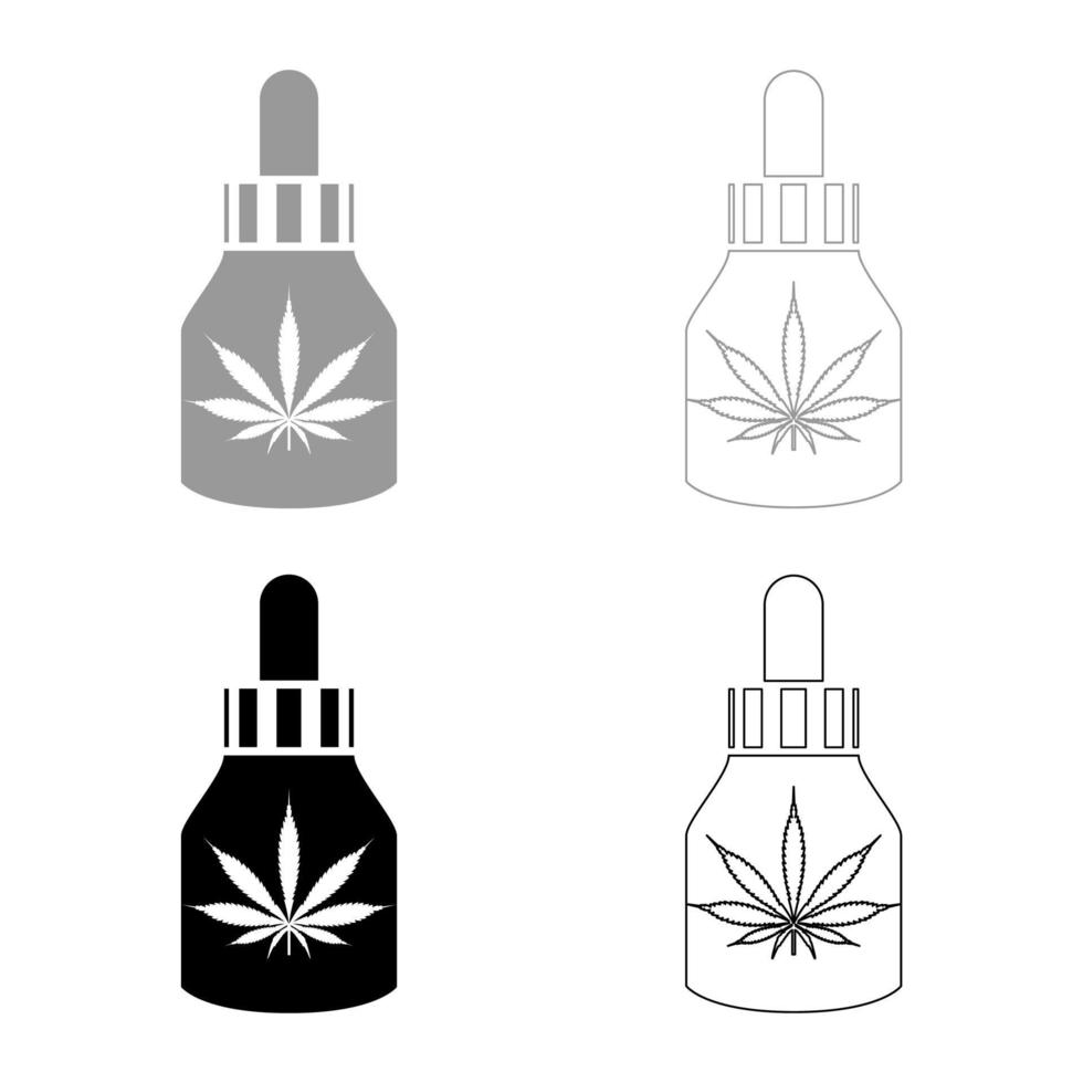 Marihuana-Medizin-Öl zu Marihuana cbd Cannabis-Bauernhof-Flaschen-Icon-Set schwarzgraue Farbvektorillustration flaches Stilbild vektor