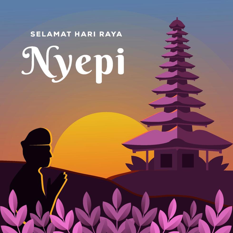 nyepi-illustrationsgruß. Balis Tag der Stille mit betender Person vektor