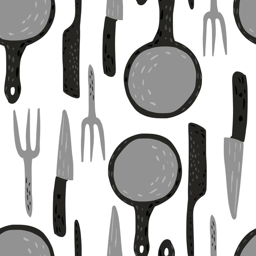 köksutrustning sömlösa mönster. doodle gaffel, stekpanna, bordskniv bakgrund. vektor