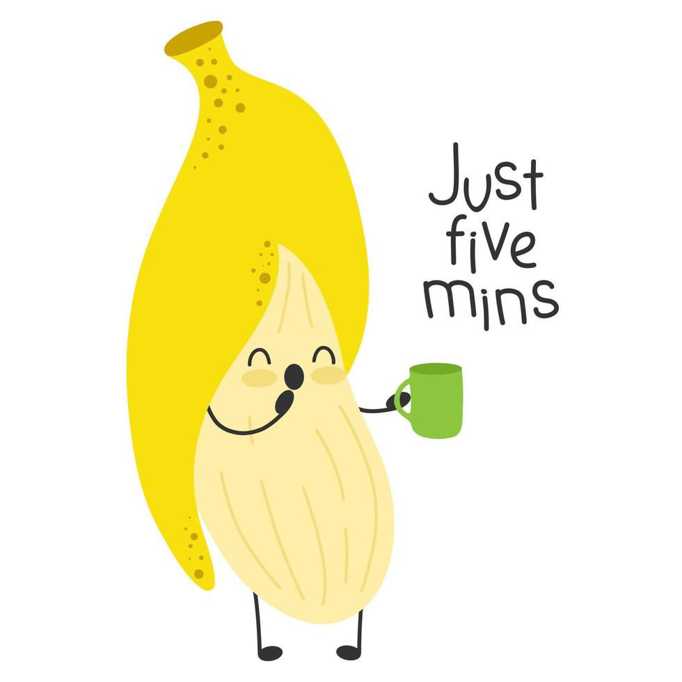 schläfriger Bananencharakter gähnt mit einer Tasse Kaffee. noch 5 Minuten vektor