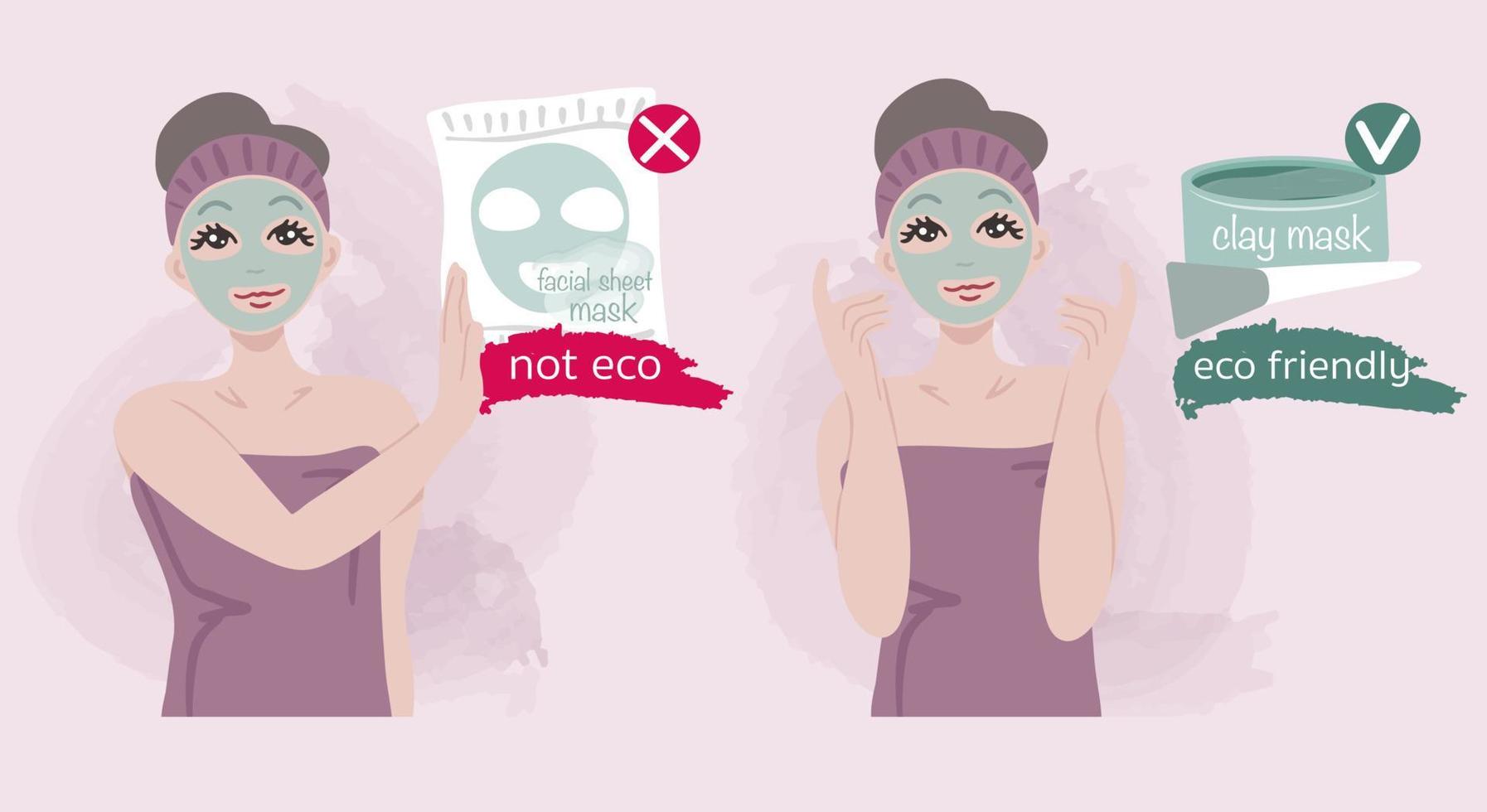 flicka avvisar ansiktsmasker på grund av miljöskada. hon väljer lermask. ansiktsmasker som inte är miljövänliga. rädda planeten. ekologiskt koncept. vektor