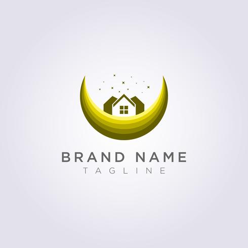 Entwerfen Sie ein Home-Logo auf dem Mond mit Sternen für Ihr Unternehmen oder Ihre Marke vektor