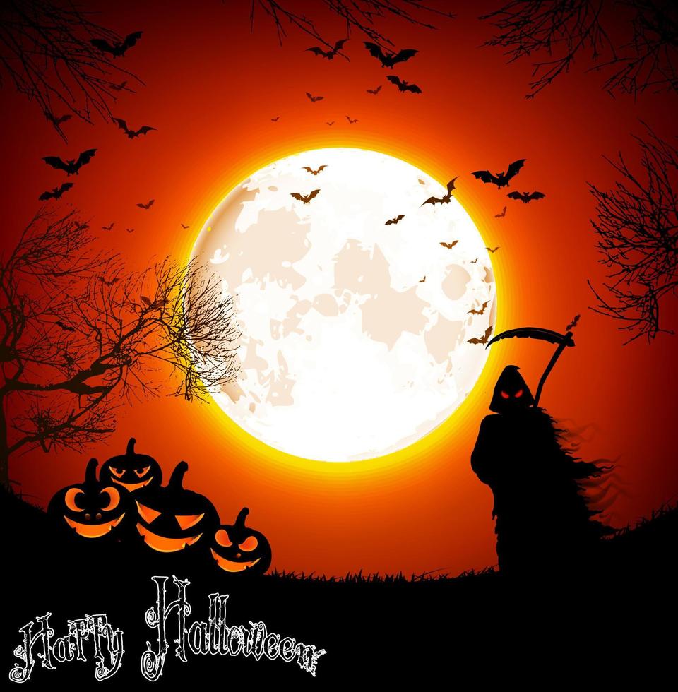 Halloween-Hintergrund mit Gespenst und Kürbissen auf dem Vollmond. Vektor