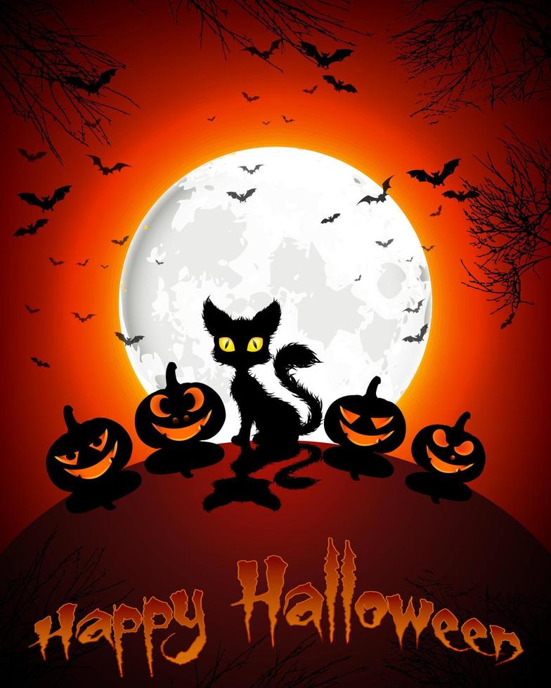 glad Halloween . fyra pumpor med katter, träd och måne i en röd natt vektor