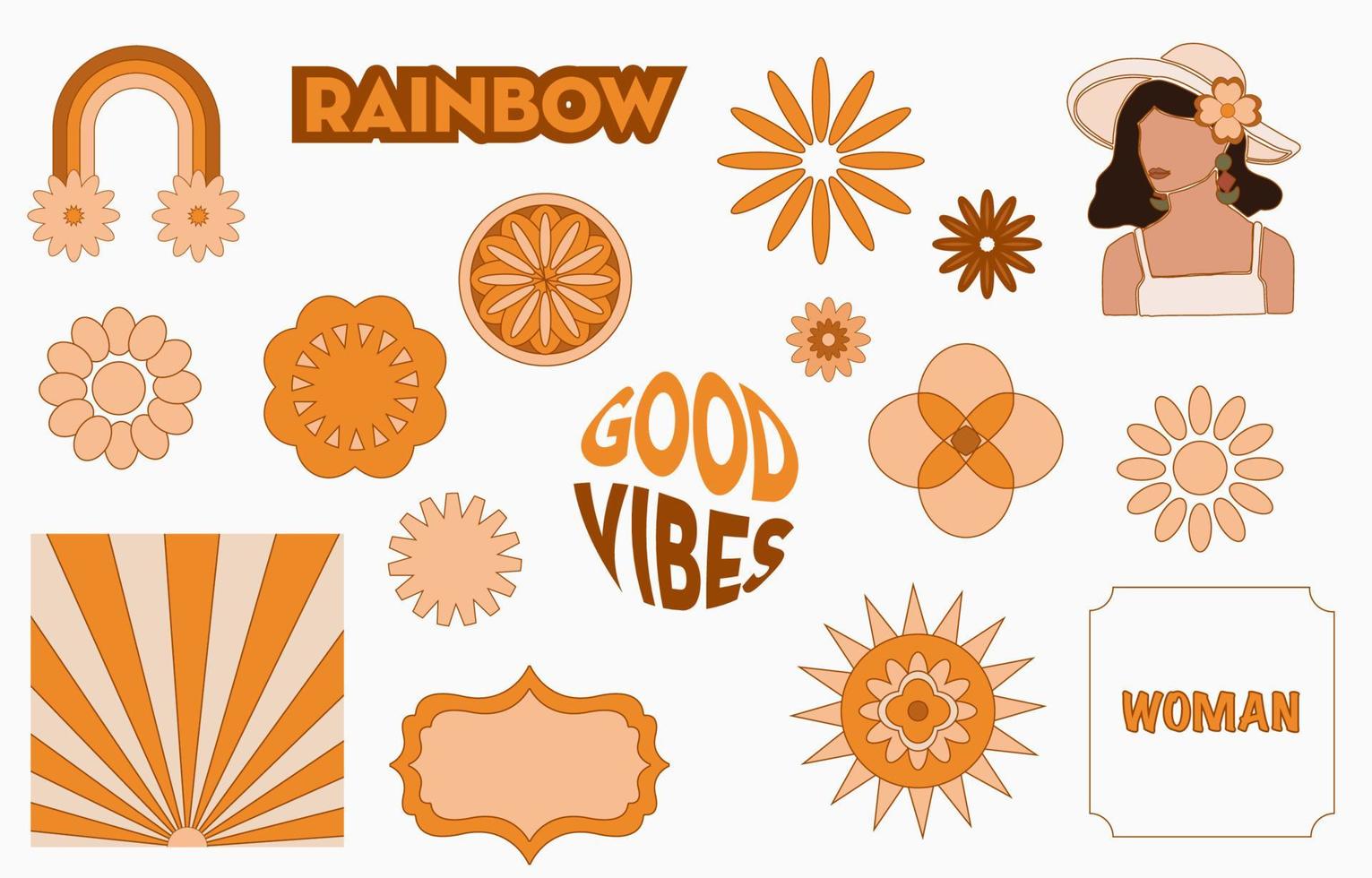 Sammlung von Hippie-Design mit orangefarbener Blume, Sonne, Regenbogen, Frau vektor