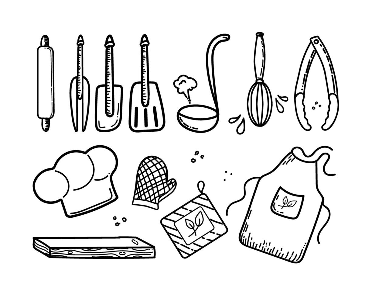 handgezeichnete Kochutensilien und Kleidung im Doodle-Stil. Kochmütze, Ofenhandschuhe, Schneid- und Schneidebrett und Schürze. ein Nudelholz, verschiedene Pfannenwender und Zangen. vektor