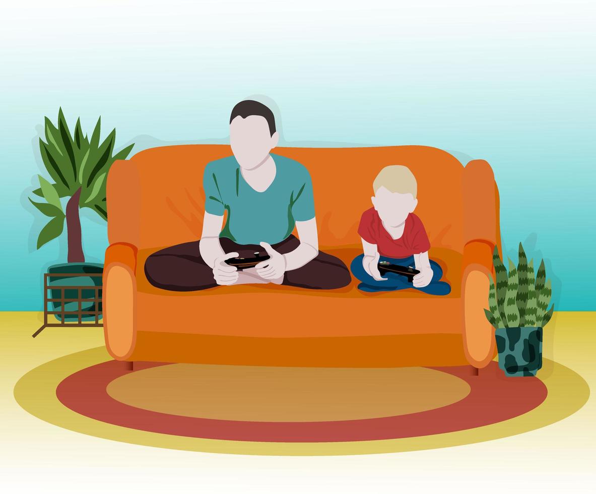 Familie. vater und sohn spielen videospiele auf der couch im zimmer-illustrationen von zeichentrickfiguren. der junge vater und sein kind sitzen, haben spaß und spielen zusammen. vektor