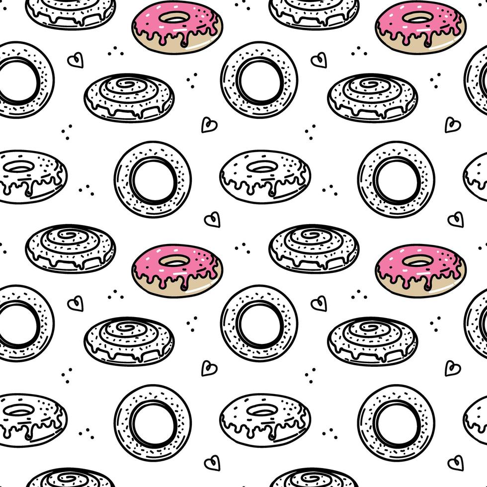 ein nahtloses Muster aus handgezeichneten Elementen. Donuts, Bagels und Schneckenbrötchen. Vektor im Doodle-Stil.