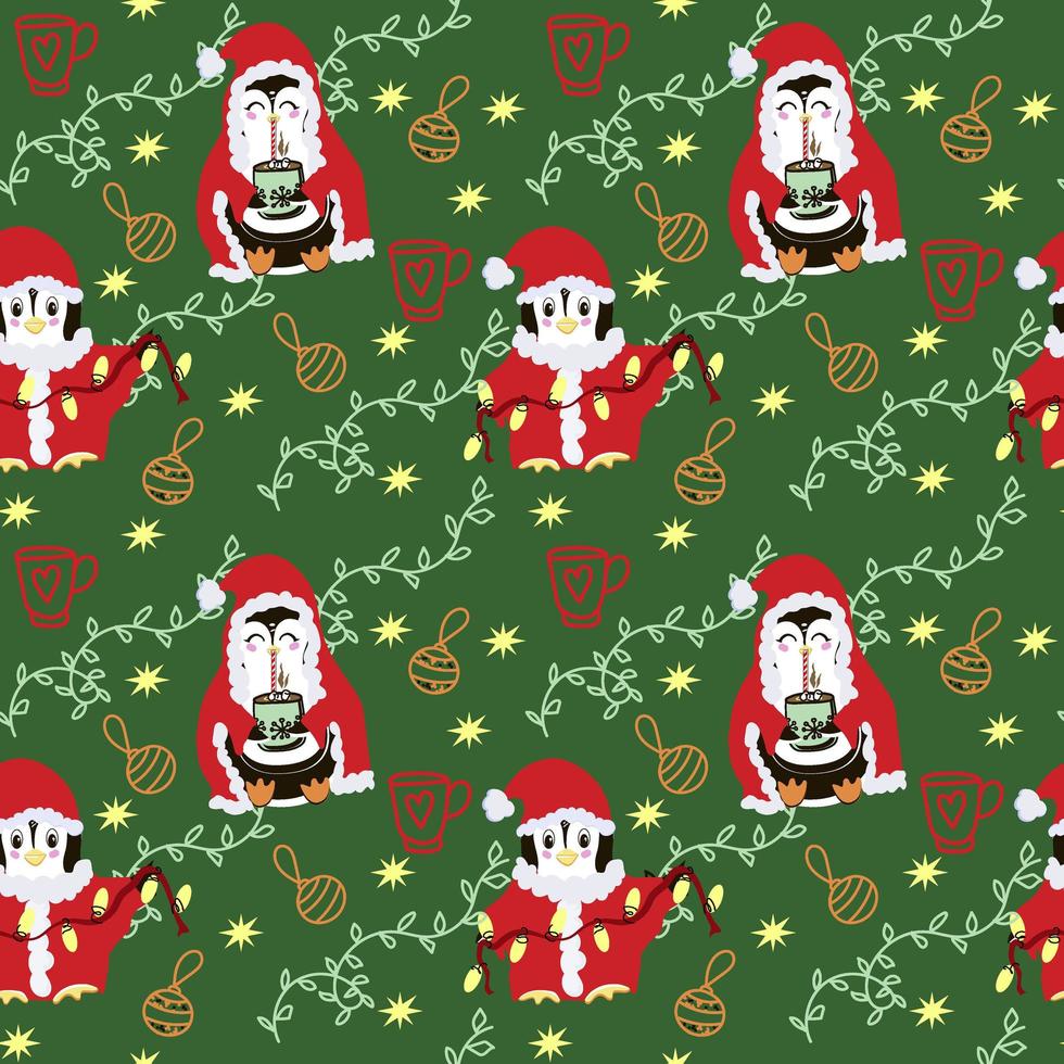 julmall med glada pingviner, julgransleksaker och girlanger. festlig bakgrund med handritade element, söt vektorillustration i platt stil. vektor