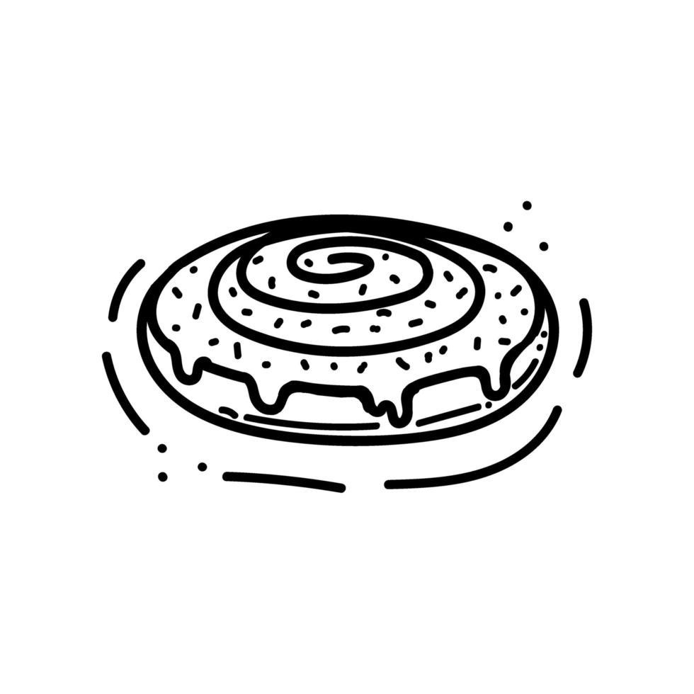 handgezeichnete Zimtschnecke. Nachtisch. Sahne, Streusel, Süßigkeiten. Spiralbrötchen. Symbol mit Logo. Bäckereiprodukte. Vektor im Doodle-Stil.