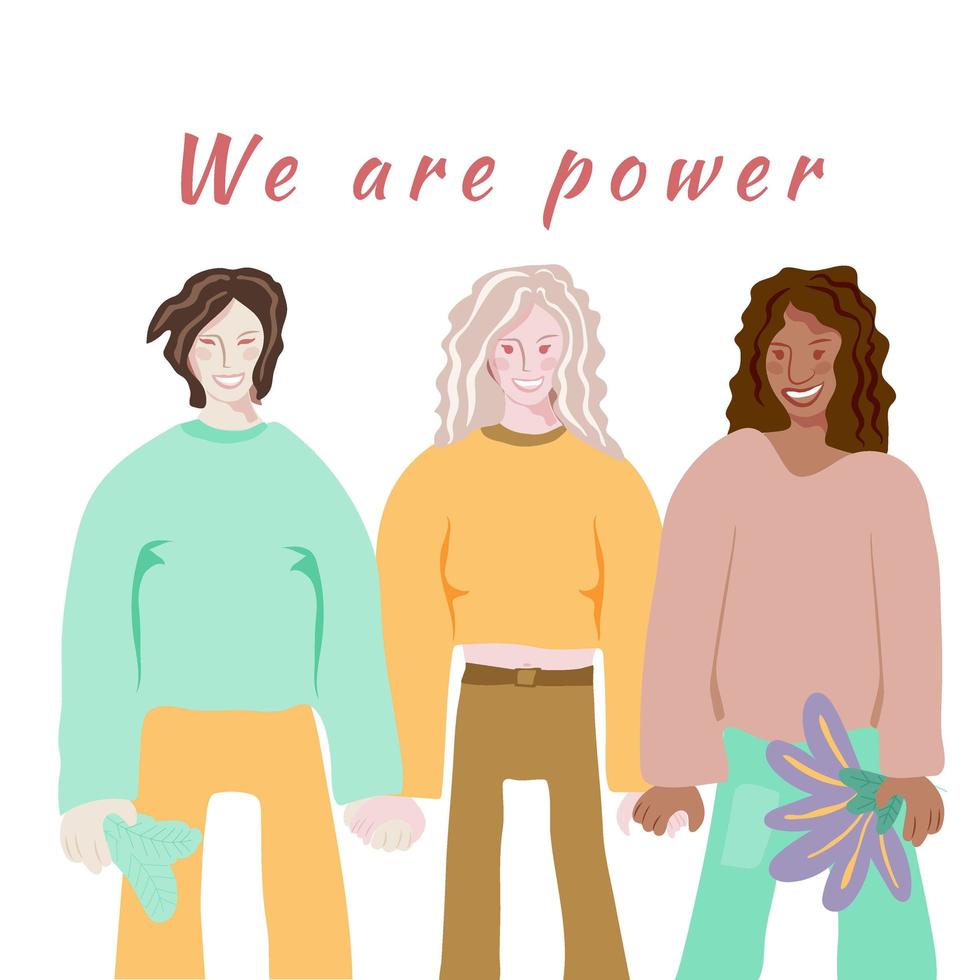kvinnor av olika raser och nationaliteter tillsammans. girl power koncept. glad kvinnodagen banner. vektor illustration i platt stil.