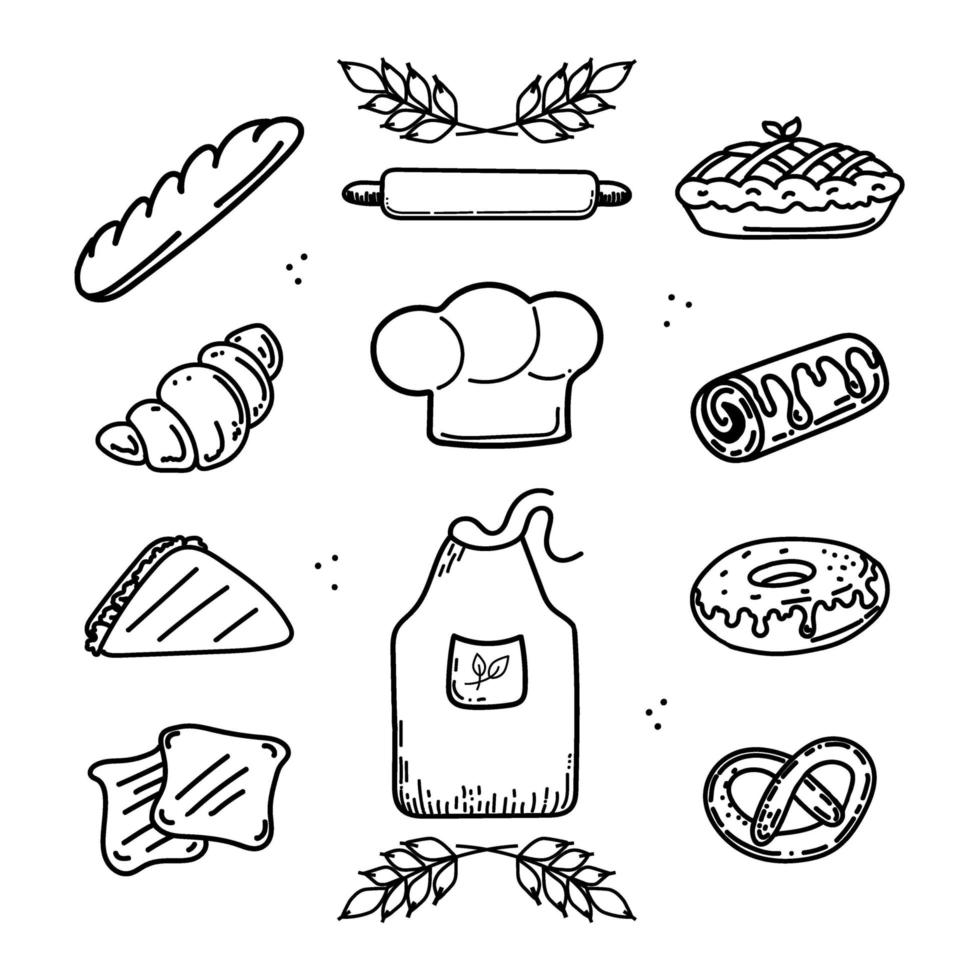 Satz handgezeichneter, detaillierter, gravierter Backwaren einzeln auf weißem Hintergrund, verschiedene Brotsorten im Vintage-Stil, darunter Laib, Brezel, Bagel, Brötchen, Baguette. vektor